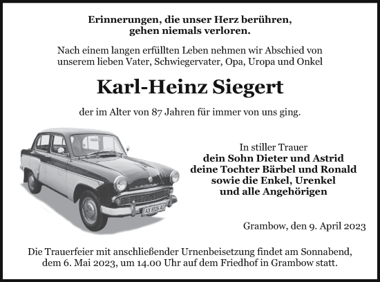 Traueranzeige von Karl-Heinz Siegert von Pasewalker Zeitung