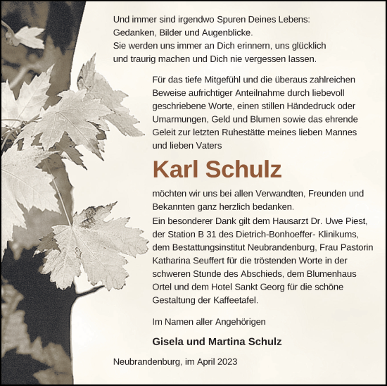 Traueranzeige von Karl Schulz von Neubrandenburger Zeitung