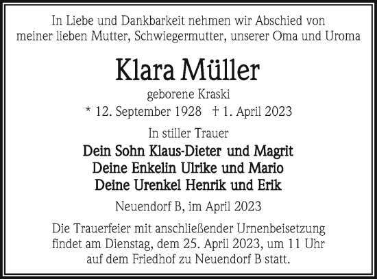 Traueranzeige von Klara Müller von Vorpommern Kurier