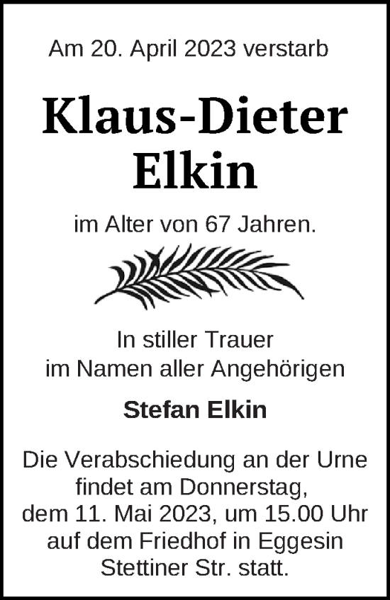 Traueranzeige von Klaus-Dieter Elkin von Haff-Zeitung