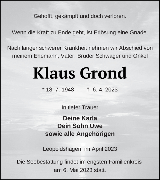 Traueranzeige von Klaus Grond von Haff-Zeitung