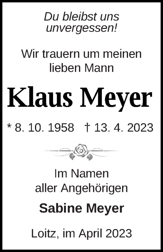 Traueranzeige von Klaus Meyer von Vorpommern Kurier