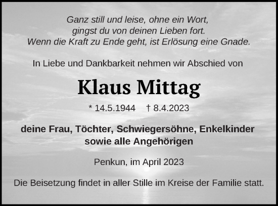 Traueranzeige von Klaus Mittag von Pasewalker Zeitung