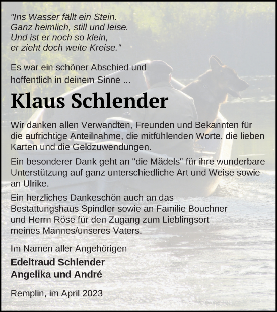 Traueranzeige von Klaus Schlender von Mecklenburger Schweiz