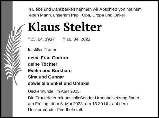 Traueranzeige von Klaus Stelter von Haff-Zeitung