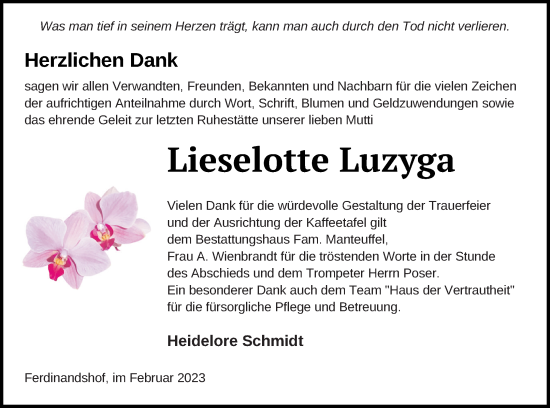 Traueranzeige von Lieselotte Luzyga von Haff-Zeitung