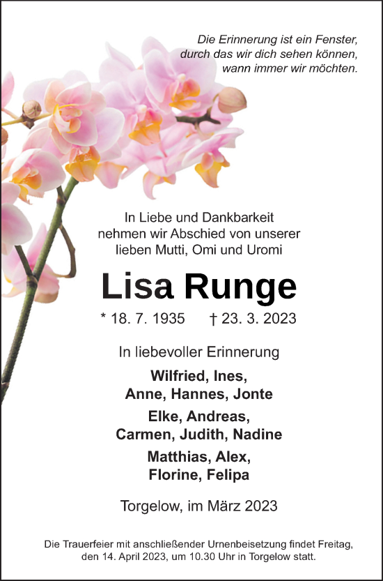 Traueranzeige von Lisa Runge von Haff-Zeitung