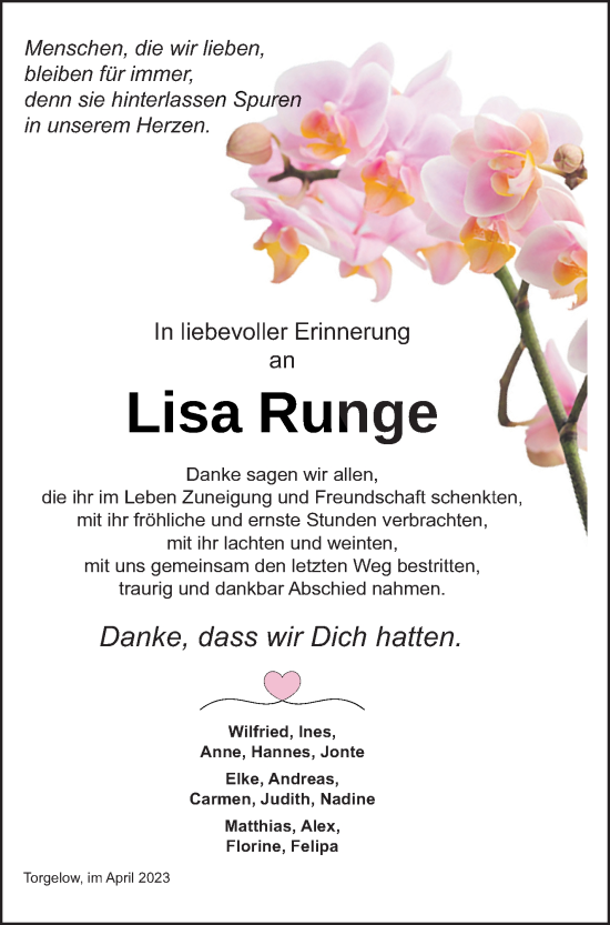 Traueranzeige von Lisa Runge von Haff-Zeitung