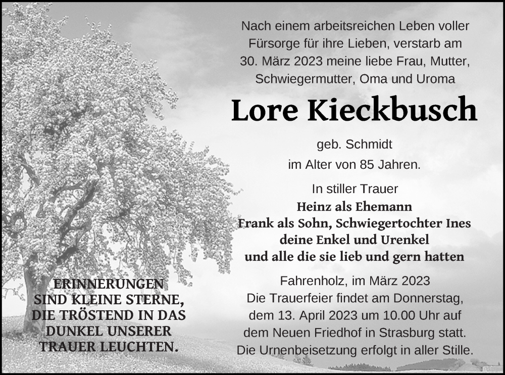  Traueranzeige für Lore Kieckbusch vom 04.04.2023 aus Prenzlauer Zeitung