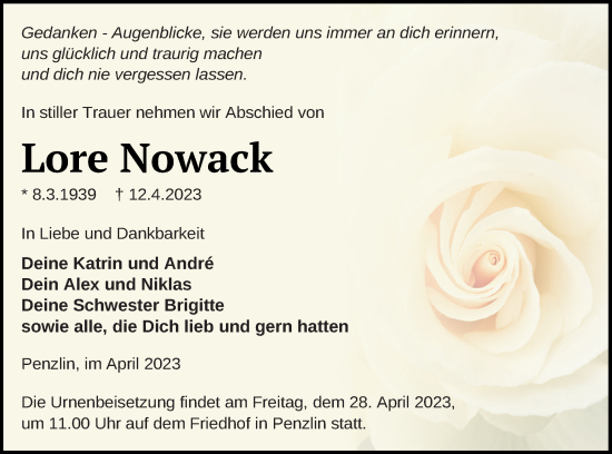 Traueranzeige von Lore Nowack von Müritz-Zeitung