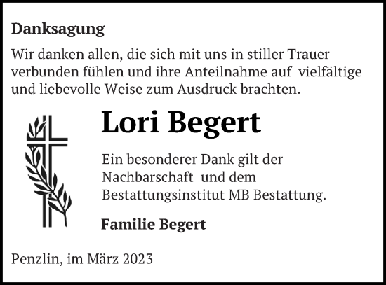 Traueranzeige von Lori Begert von Müritz-Zeitung