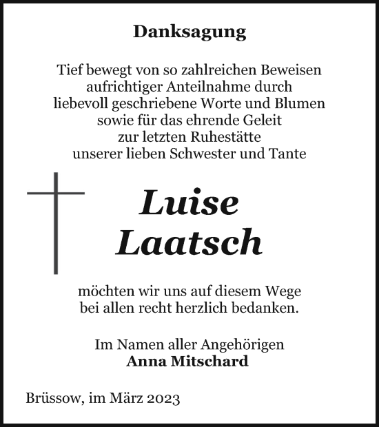 Traueranzeige von Luise Laatsch von Prenzlauer Zeitung