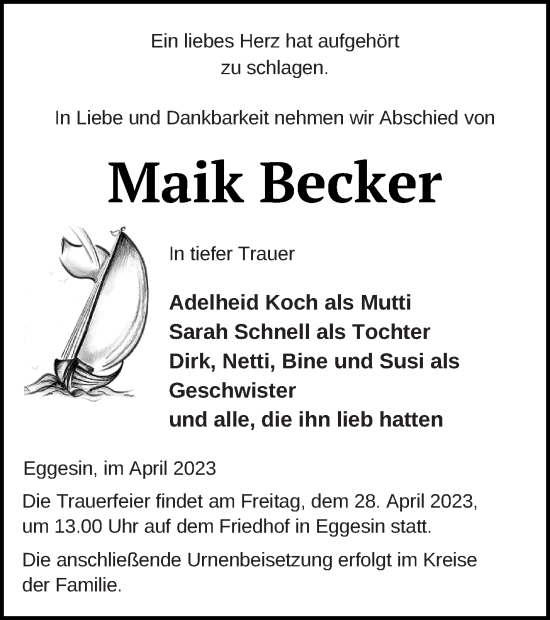 Traueranzeige von Maik Becker von Haff-Zeitung