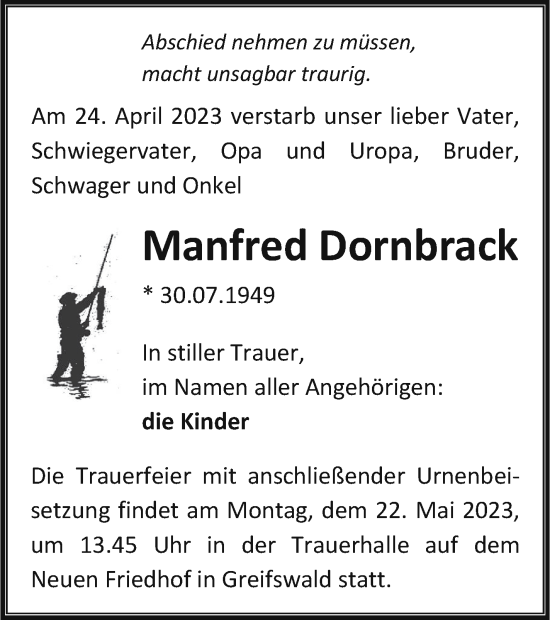 Traueranzeige von Manfred Dornbrack von Vorpommern Kurier