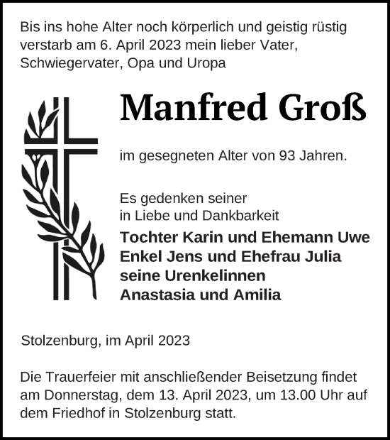 Traueranzeige von Manfred Groß von Pasewalker Zeitung