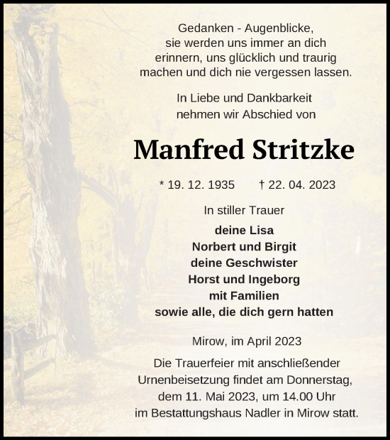 Traueranzeige von Manfred Stritzke von Strelitzer Zeitung