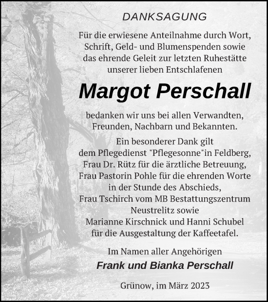 Traueranzeige von Margot Perschall von Strelitzer Zeitung