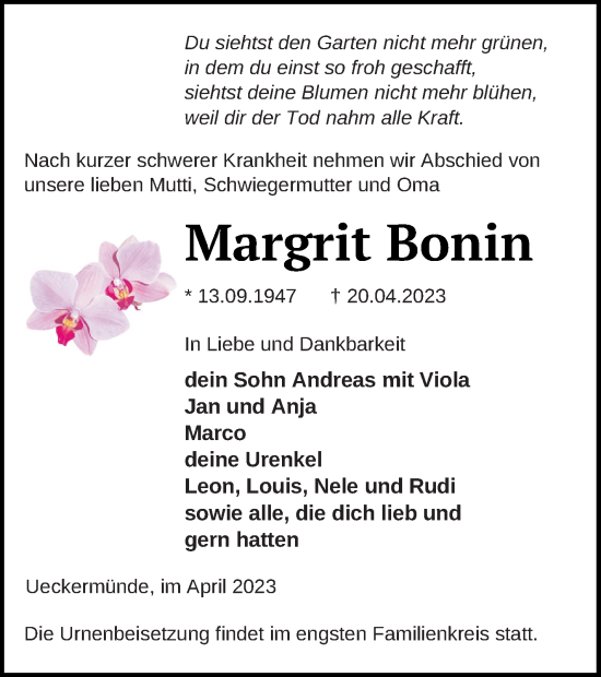Traueranzeige von Margrit Bonin von Haff-Zeitung