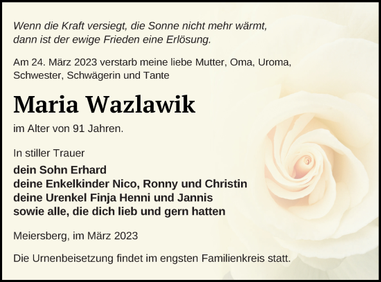 Traueranzeige von Maria Wazlawik von Haff-Zeitung