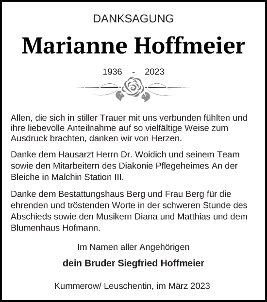 Traueranzeige von Marianne Hoffmeier von Mecklenburger Schweiz