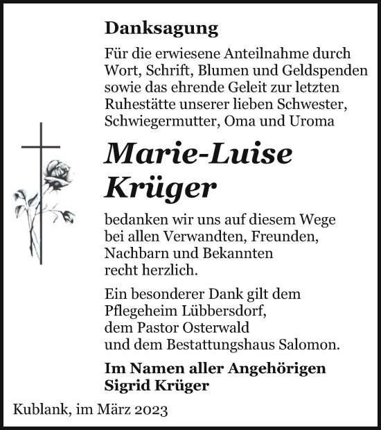 Traueranzeige von Marie-Luise Krüger von Strelitzer Zeitung