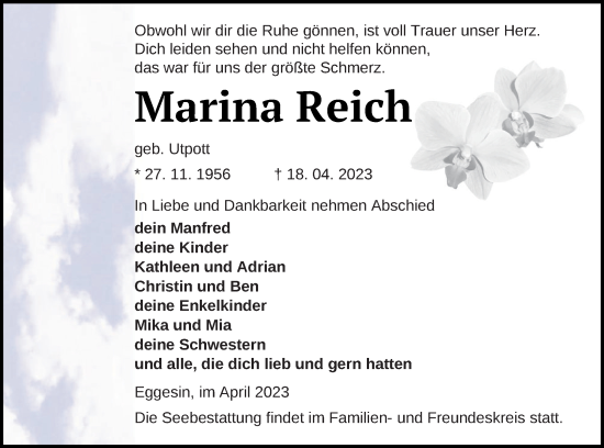 Traueranzeige von Marina Reich von Haff-Zeitung