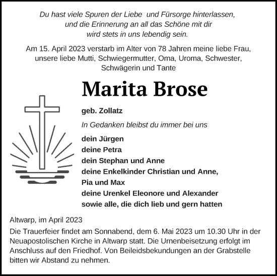 Traueranzeige von Marita Brose von Haff-Zeitung