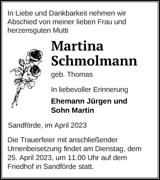 Traueranzeige von Martina Schmolmann von Haff-Zeitung