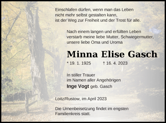 Traueranzeige von Minna Elise Gasch von Vorpommern Kurier