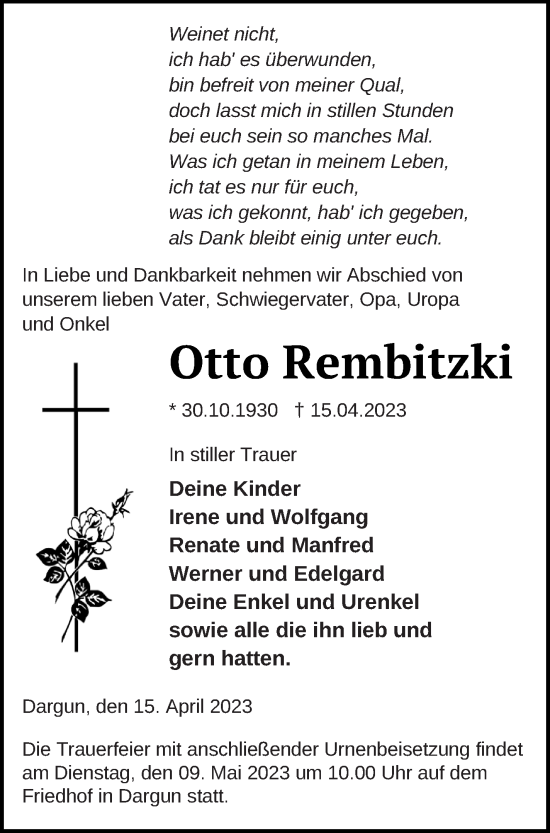 Traueranzeige von Otto Rembitzki von Mecklenburger Schweiz