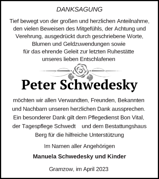 Traueranzeige von Peter Schwedesky von Prenzlauer Zeitung