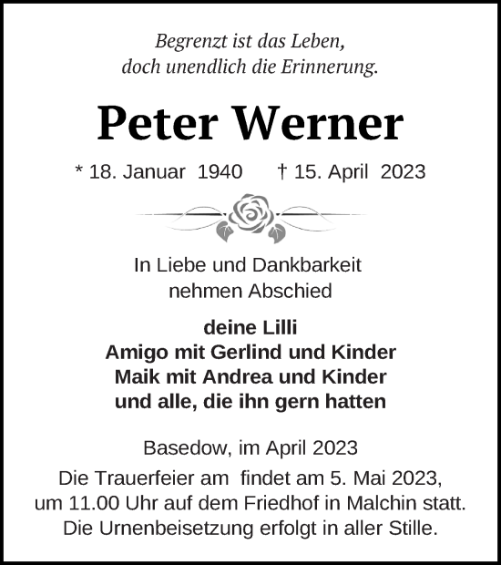 Traueranzeige von Peter Werner von Mecklenburger Schweiz