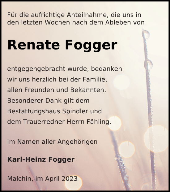 Traueranzeige von Renate Fogger von Mecklenburger Schweiz