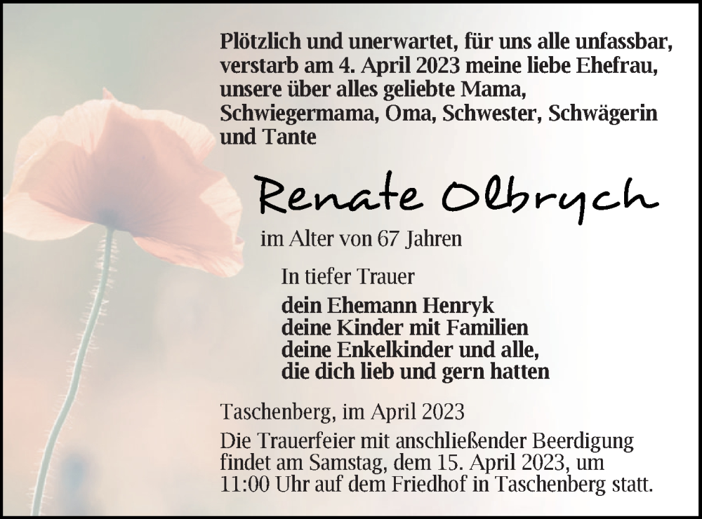  Traueranzeige für Renate Olbrych vom 12.04.2023 aus Prenzlauer Zeitung