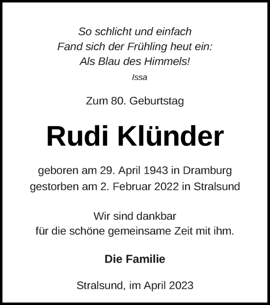 Traueranzeige von Rudi Klünder von Prenzlauer Zeitung