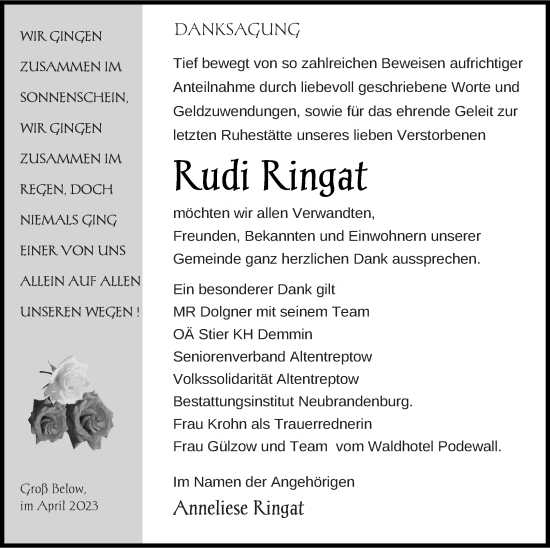 Traueranzeige von Rudi Ringat von Neubrandenburger Zeitung