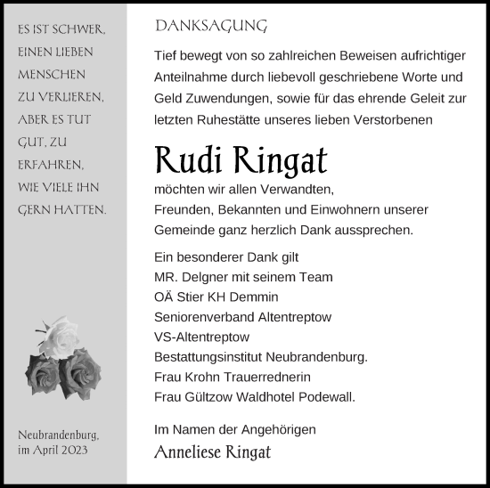 Traueranzeige von Rudi Ringat von Neubrandenburger Zeitung