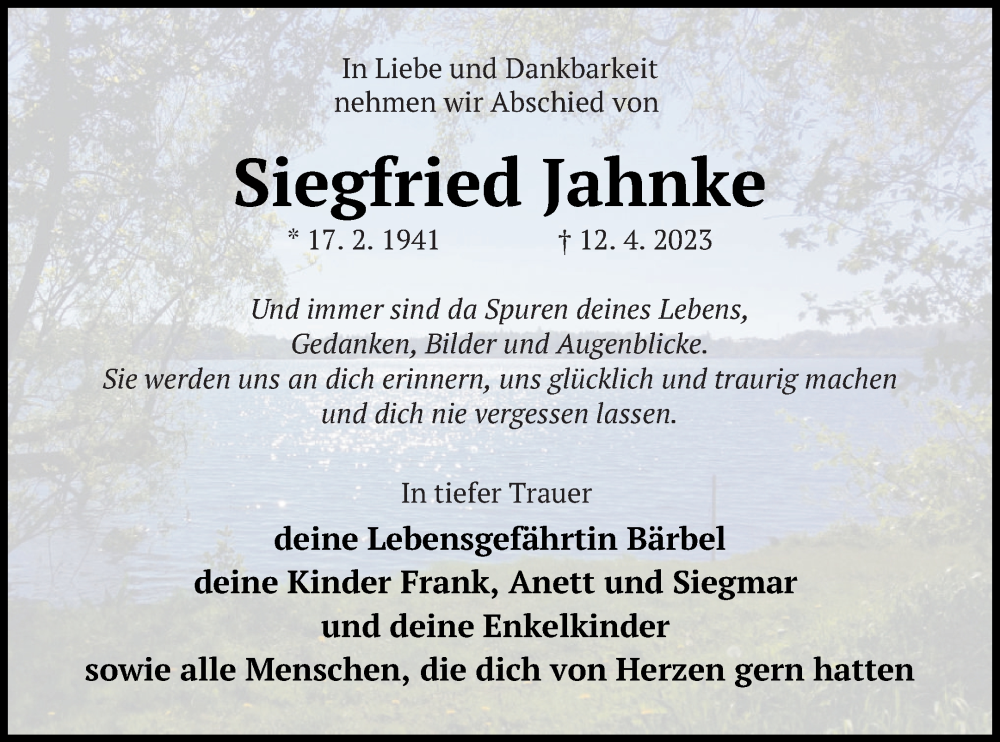 Traueranzeige für Siegfried Jahnke vom 15.04.2023 aus Müritz-Zeitung