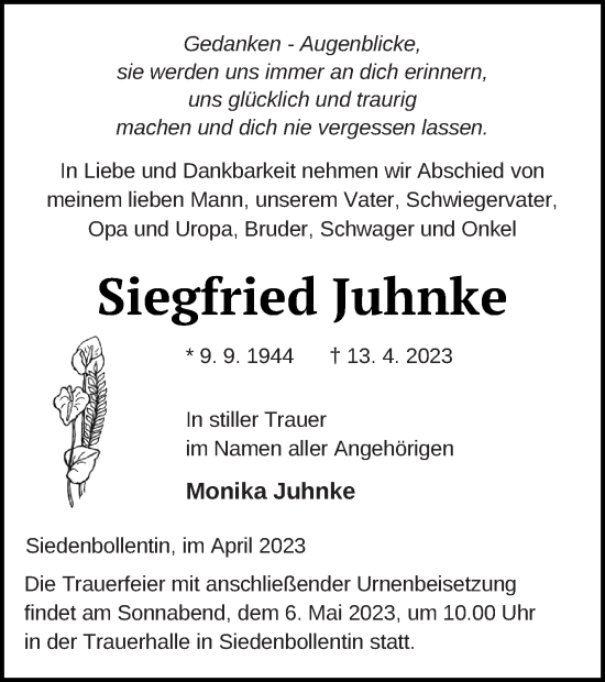 Traueranzeige von Siegfried Juhnke von Neubrandenburger Zeitung