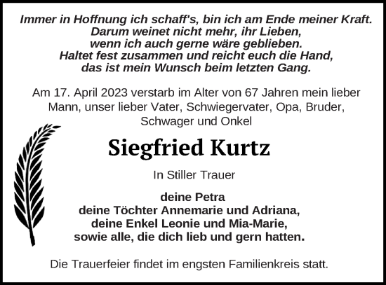 Traueranzeige von Siegfried Kurtz von Müritz-Zeitung