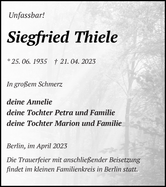 Traueranzeige von Siegfried Thiele von Neubrandenburger Zeitung