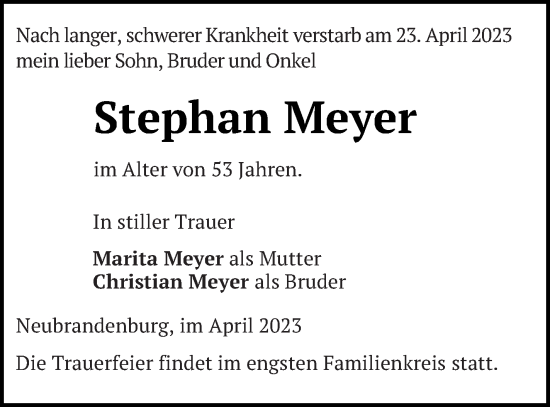 Traueranzeige von Stephan Meyer von Neubrandenburger Zeitung