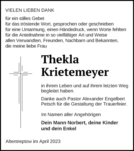 Traueranzeige von Thekla Krietemeyer von Mecklenburger Schweiz