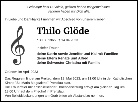 Traueranzeige von Thilo Glöde von Prenzlauer Zeitung