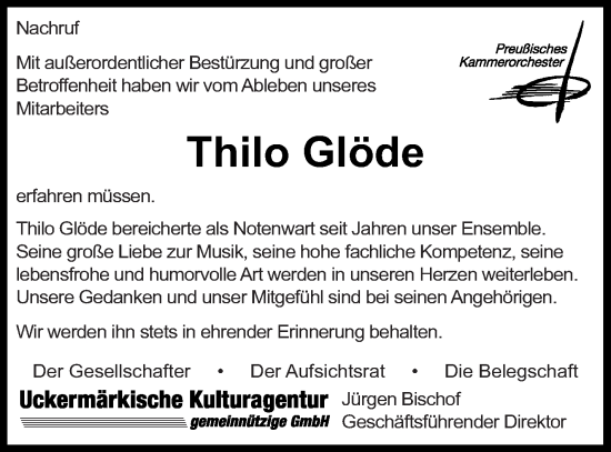 Traueranzeige von Thilo Glöde von Prenzlauer Zeitung