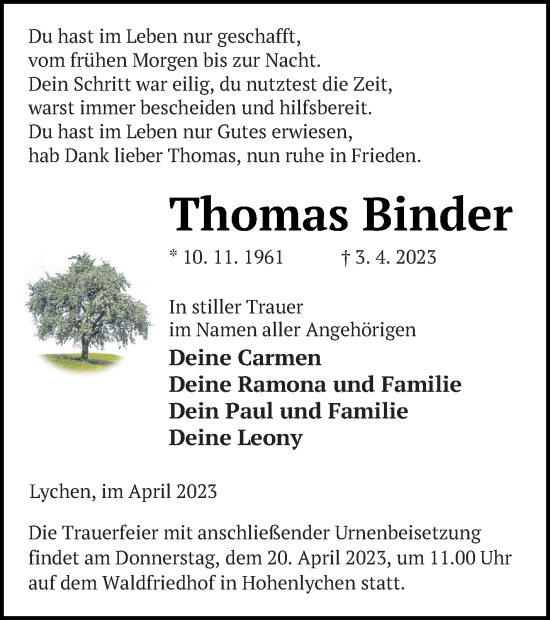 Traueranzeige von Thomas Binder von Templiner Zeitung