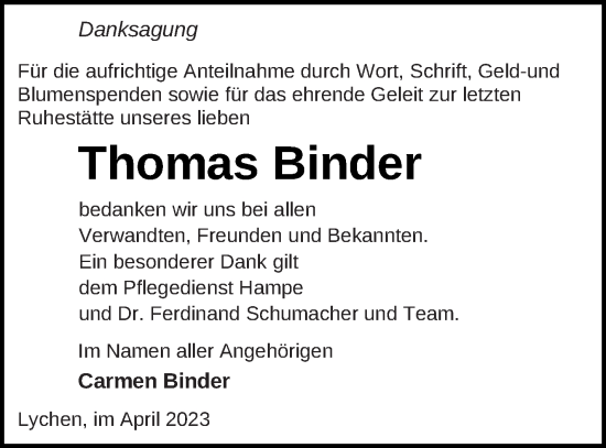 Traueranzeige von Thomas Binder von Templiner Zeitung