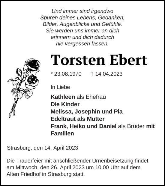 Traueranzeige von Torsten Ebert von Pasewalker Zeitung