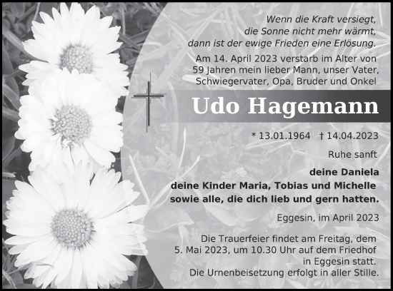 Traueranzeige von Udo Hagemann von Haff-Zeitung