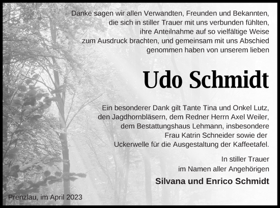 Traueranzeige von Udo Schmidt von Prenzlauer Zeitung